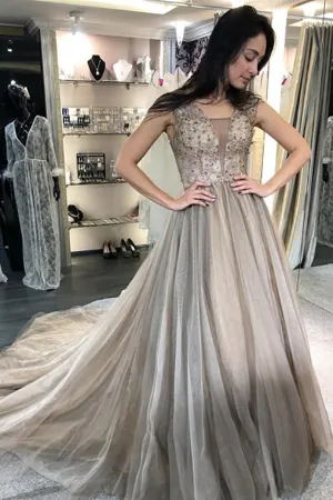 A-Line V-Neck Sweep Train Light Grey Prom Dress with Beading LRA034