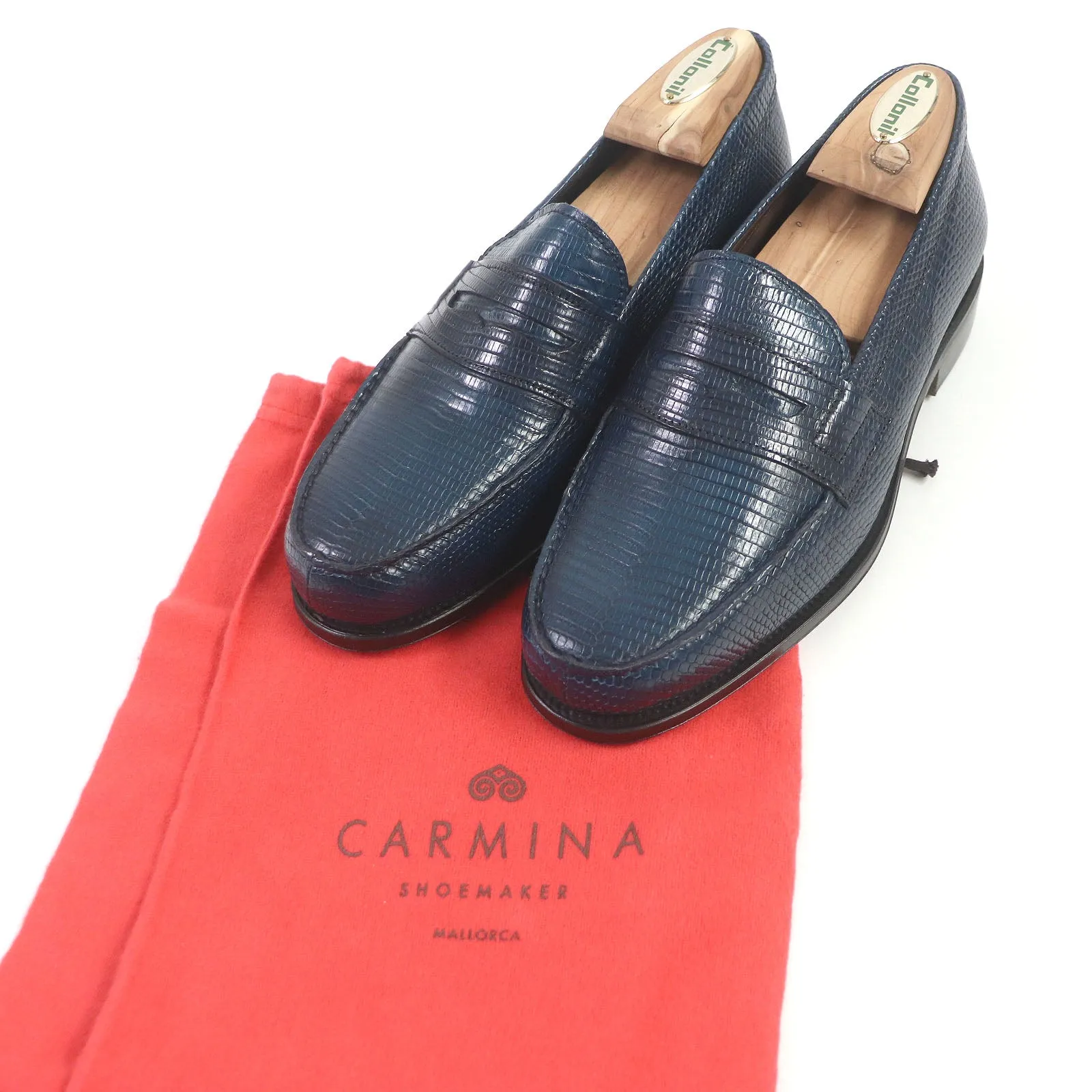 CARMINA Lizard Leather Coin Loafers Navy 5.5