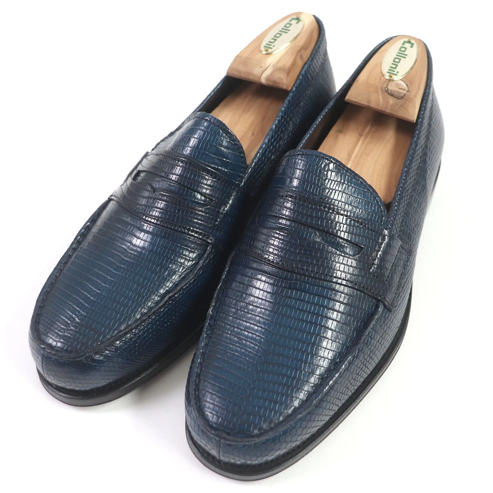 CARMINA Lizard Leather Coin Loafers Navy 5.5