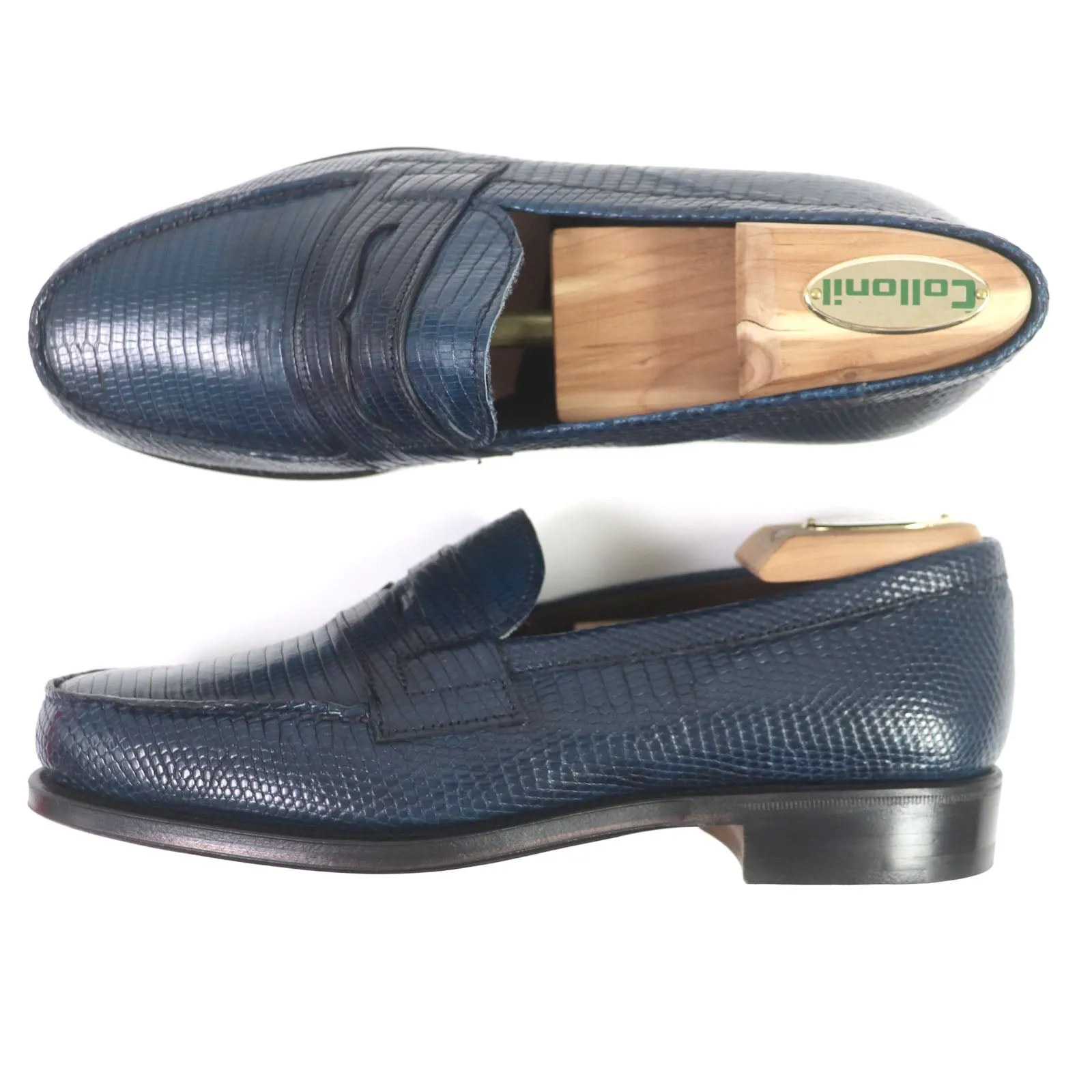 CARMINA Lizard Leather Coin Loafers Navy 5.5