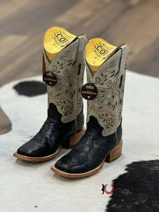CORRAL WOMEN BLACK BONE OSTRICH EMBROIDERY & GLITTER BOOT