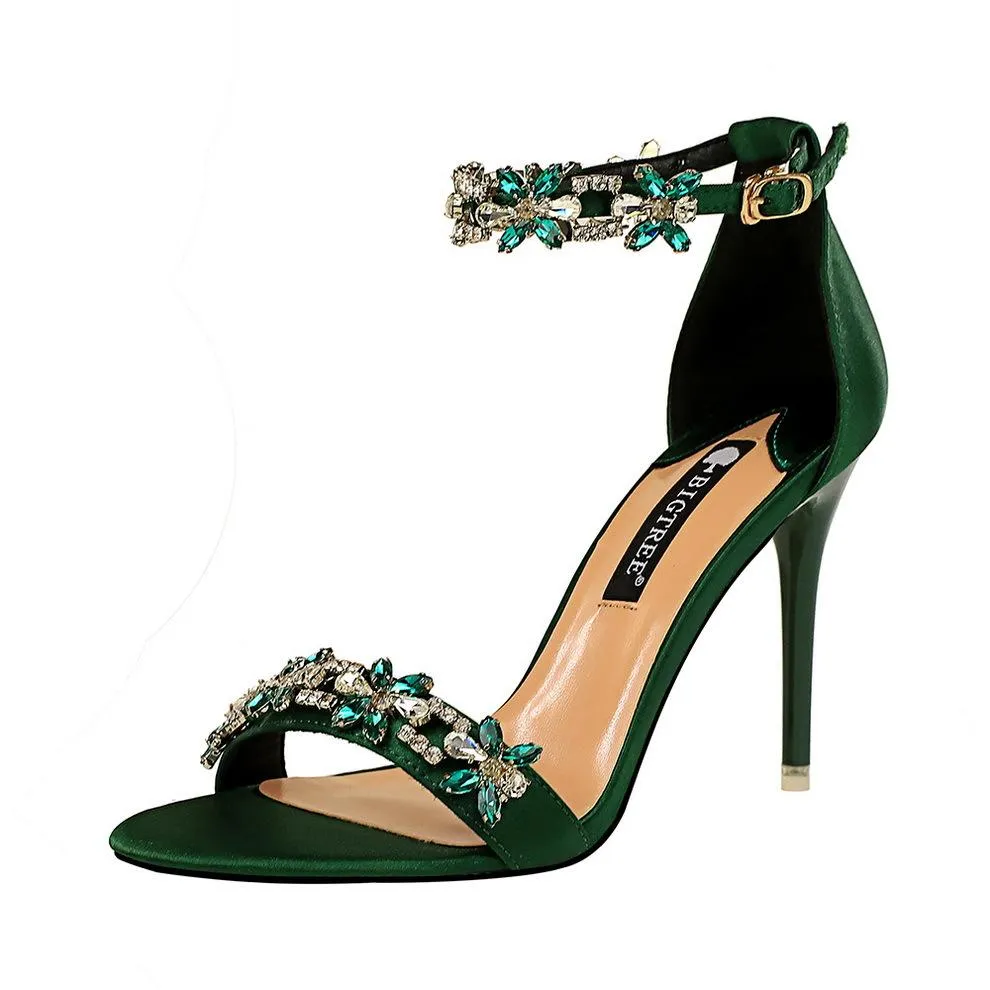 Elegant flower crystals open toe buckle strap stiletto high heels for wedding party