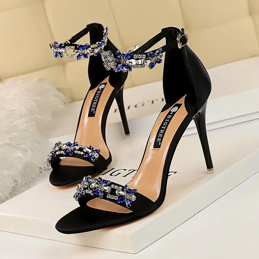 Elegant flower crystals open toe buckle strap stiletto high heels for wedding party