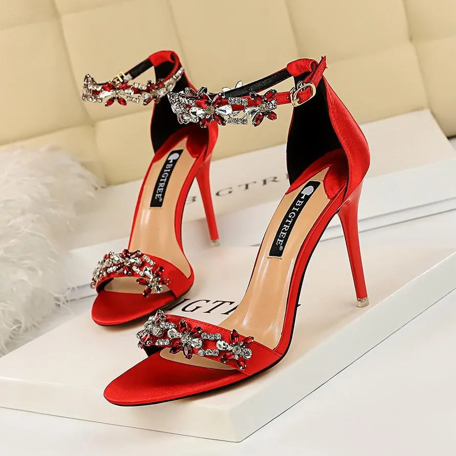 Elegant flower crystals open toe buckle strap stiletto high heels for wedding party