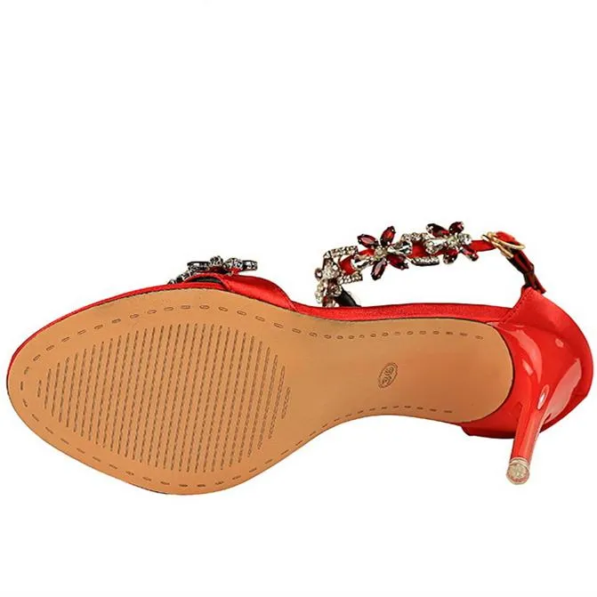 Elegant flower crystals open toe buckle strap stiletto high heels for wedding party