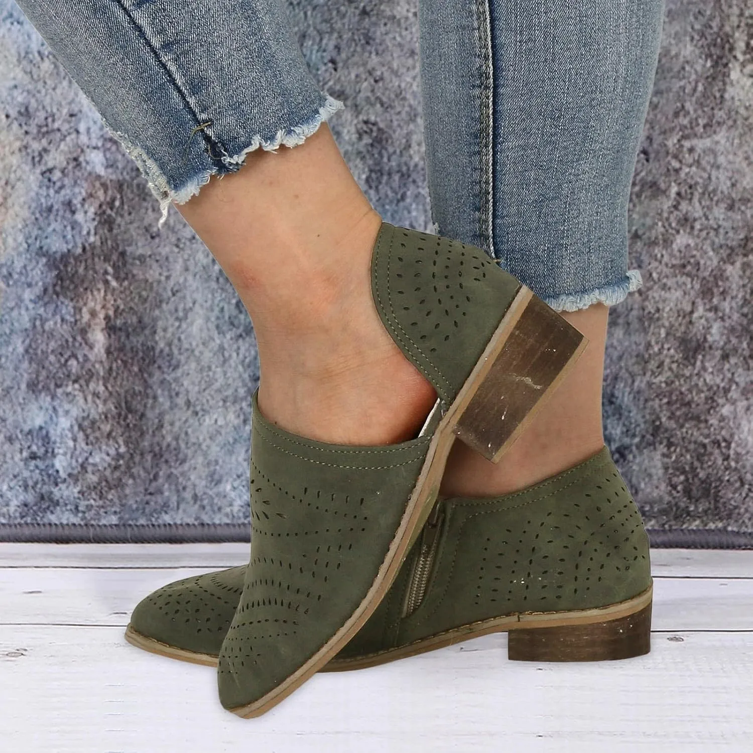 Fall Boots Womens Suede Ankle Boots Low Chunky Stacked Heel Comfy Almond Toe Casual Side V-Cut Slip On Short Boots