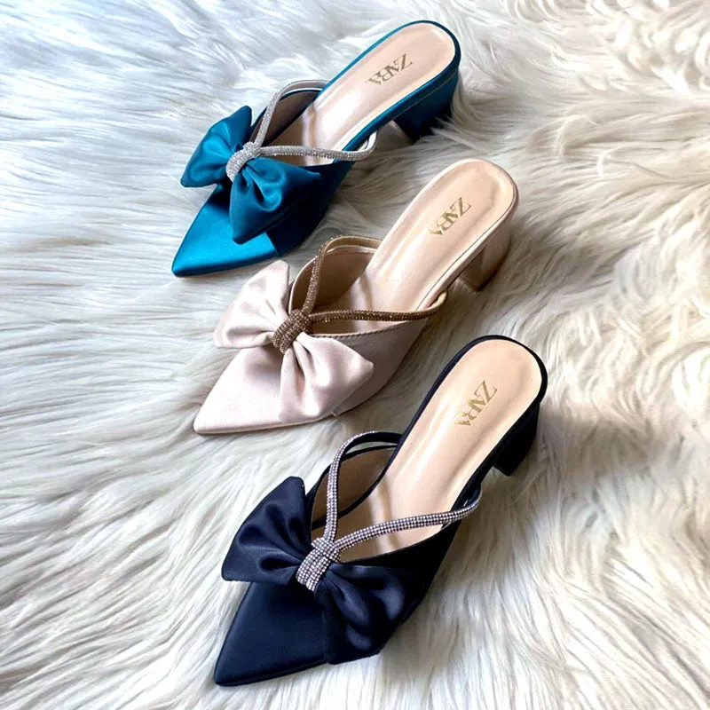 Formal Satin Bow Rhinestone Decor Block Heels $10386 #22