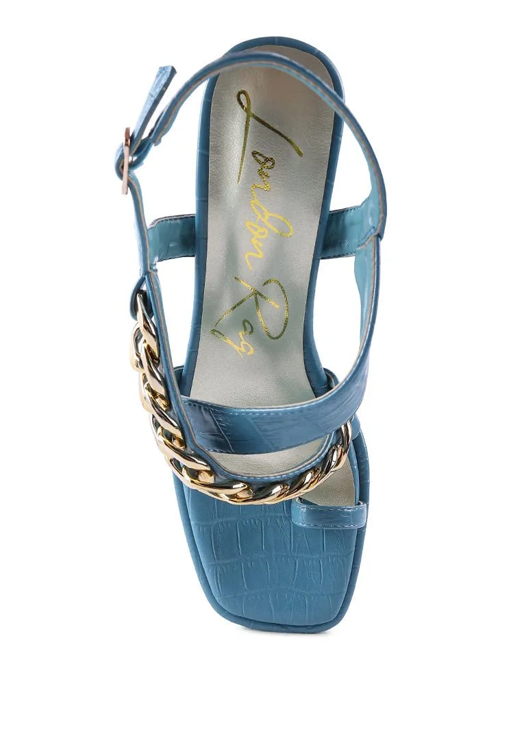 Frecklin Block Heel Sandals with Chic Metal Chain Detail