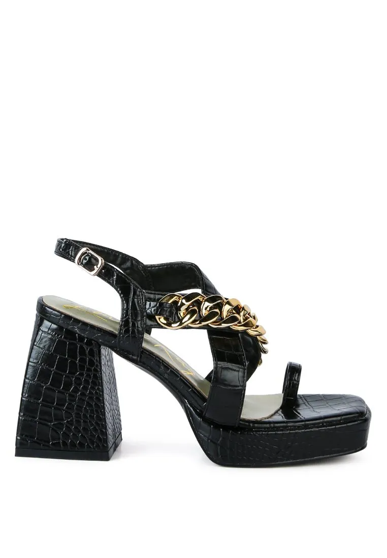 Frecklin Block Heel Sandals with Chic Metal Chain Detail