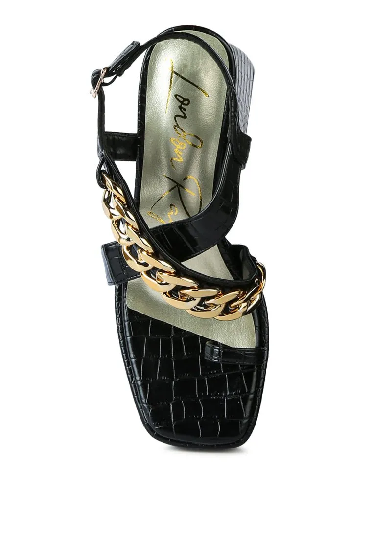 Frecklin Block Heel Sandals with Chic Metal Chain Detail