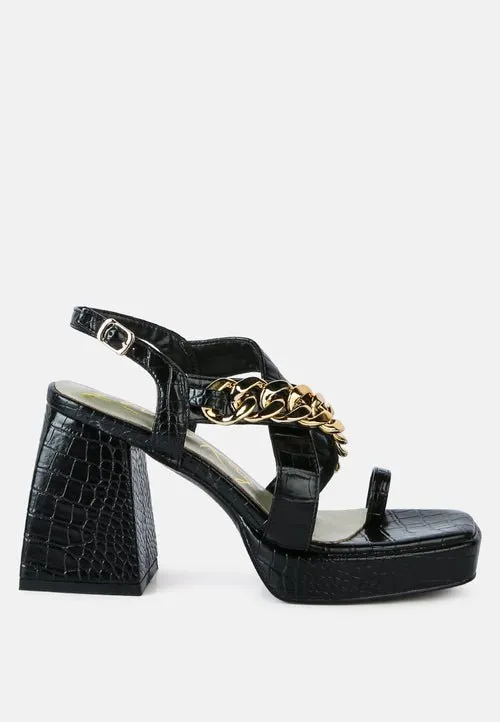 Frecklin Block Heel Sandals with Chic Metal Chain Detail