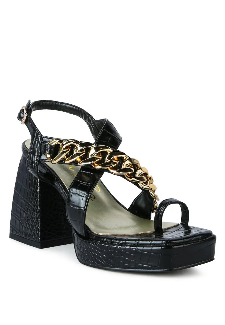 Frecklin Block Heel Sandals with Chic Metal Chain Detail