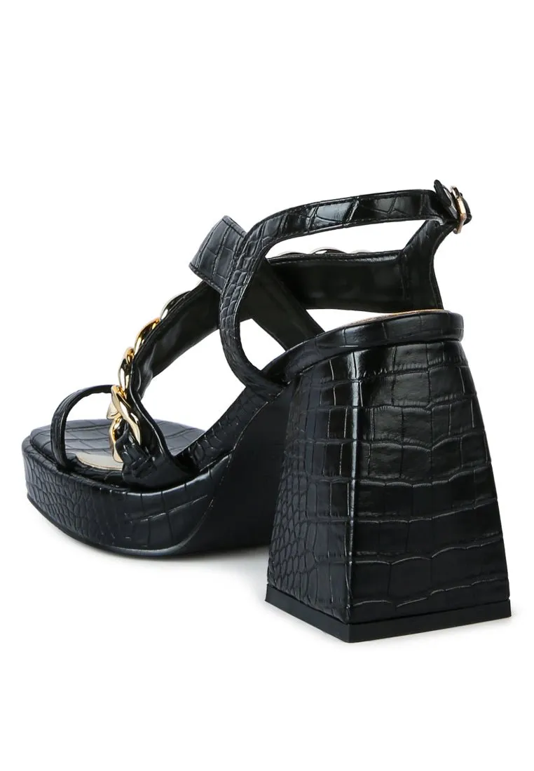 Frecklin Block Heel Sandals with Chic Metal Chain Detail