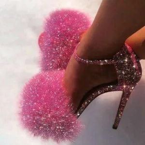 Glitter Heels Designers Women Stiletto Sandal Open Toe Fluff Scrappy Thin High Heels