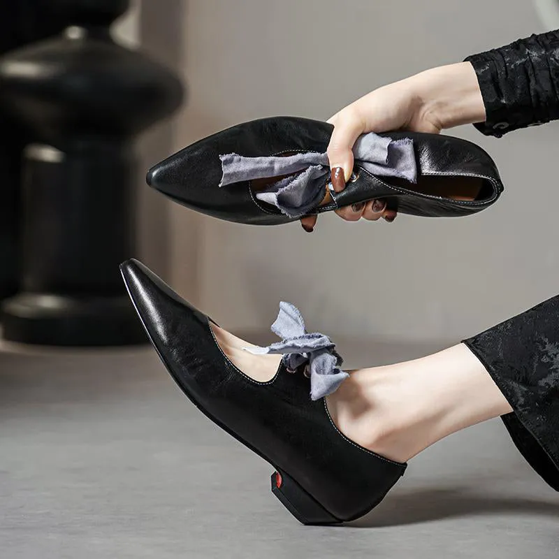 Horse Leather Retro Pointed Toe Ballet Flats Mary Jane Shoes with Bow-Tie Design Black/Blue/Yellow