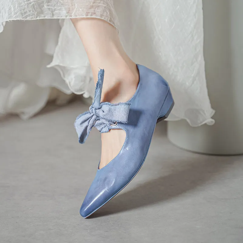 Horse Leather Retro Pointed Toe Ballet Flats Mary Jane Shoes with Bow-Tie Design Black/Blue/Yellow