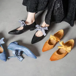Horse Leather Retro Pointed Toe Ballet Flats Mary Jane Shoes with Bow-Tie Design Black/Blue/Yellow