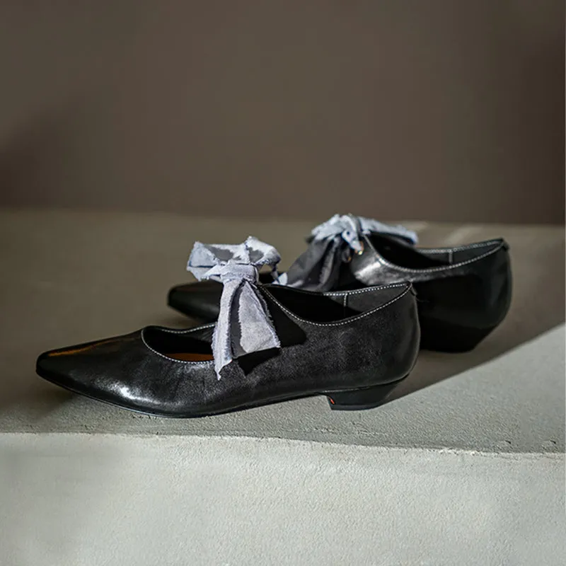 Horse Leather Retro Pointed Toe Ballet Flats Mary Jane Shoes with Bow-Tie Design Black/Blue/Yellow