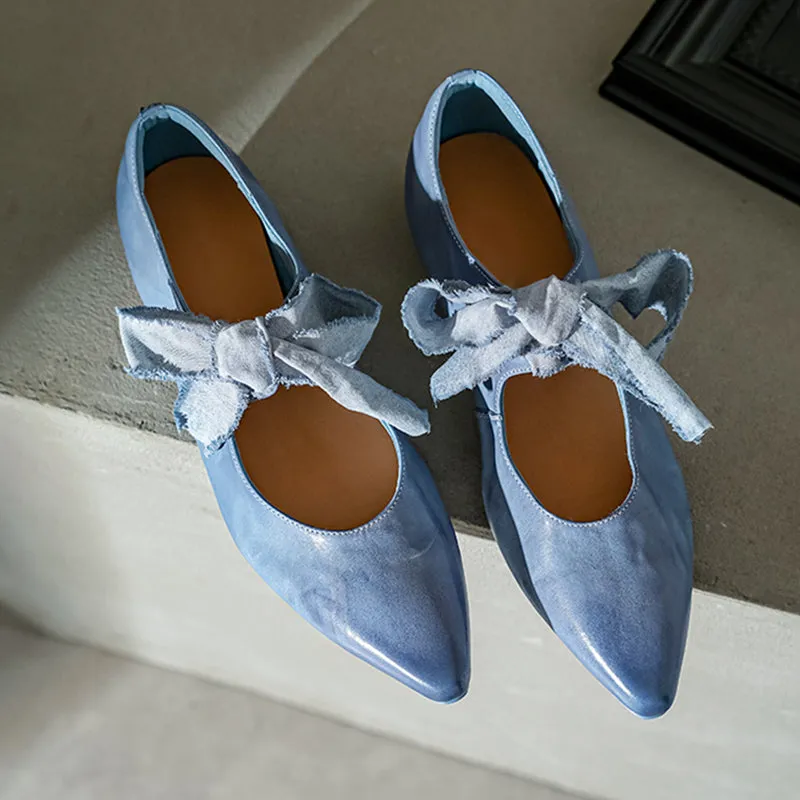 Horse Leather Retro Pointed Toe Ballet Flats Mary Jane Shoes with Bow-Tie Design Black/Blue/Yellow