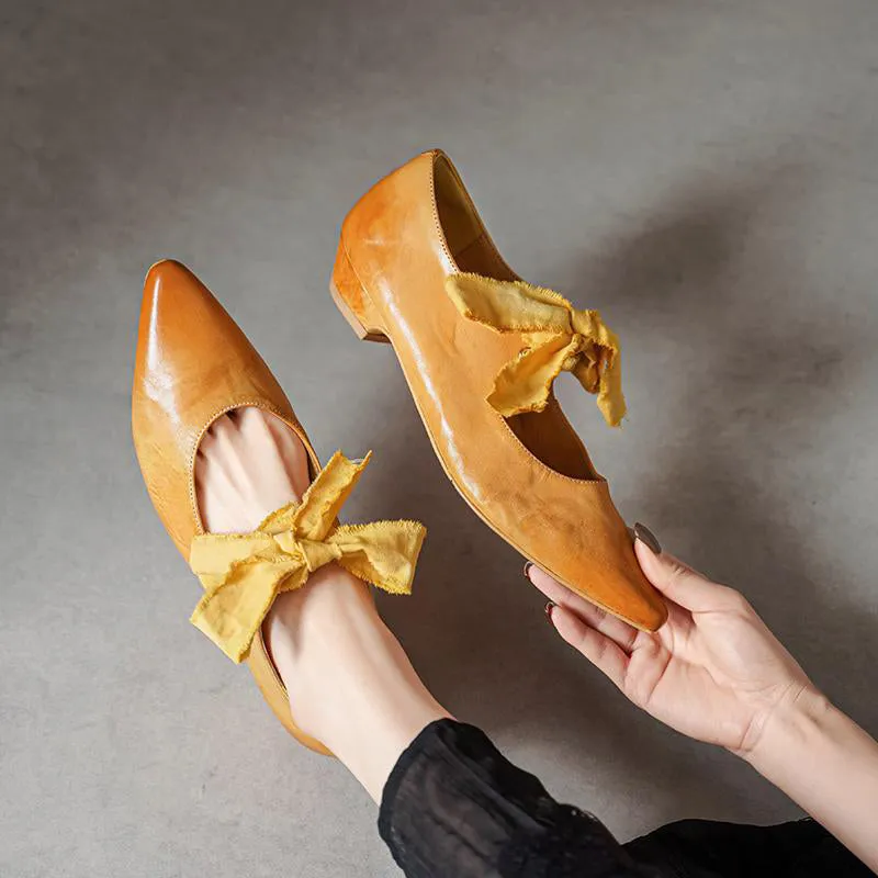 Horse Leather Retro Pointed Toe Ballet Flats Mary Jane Shoes with Bow-Tie Design Black/Blue/Yellow