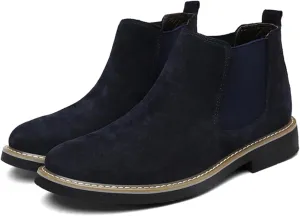 Men's Suede Chelsea Boots Fashion Round Toe Chunky Heel Non-Slip Business Ankle Boots Retro Slip-On Short Boots
