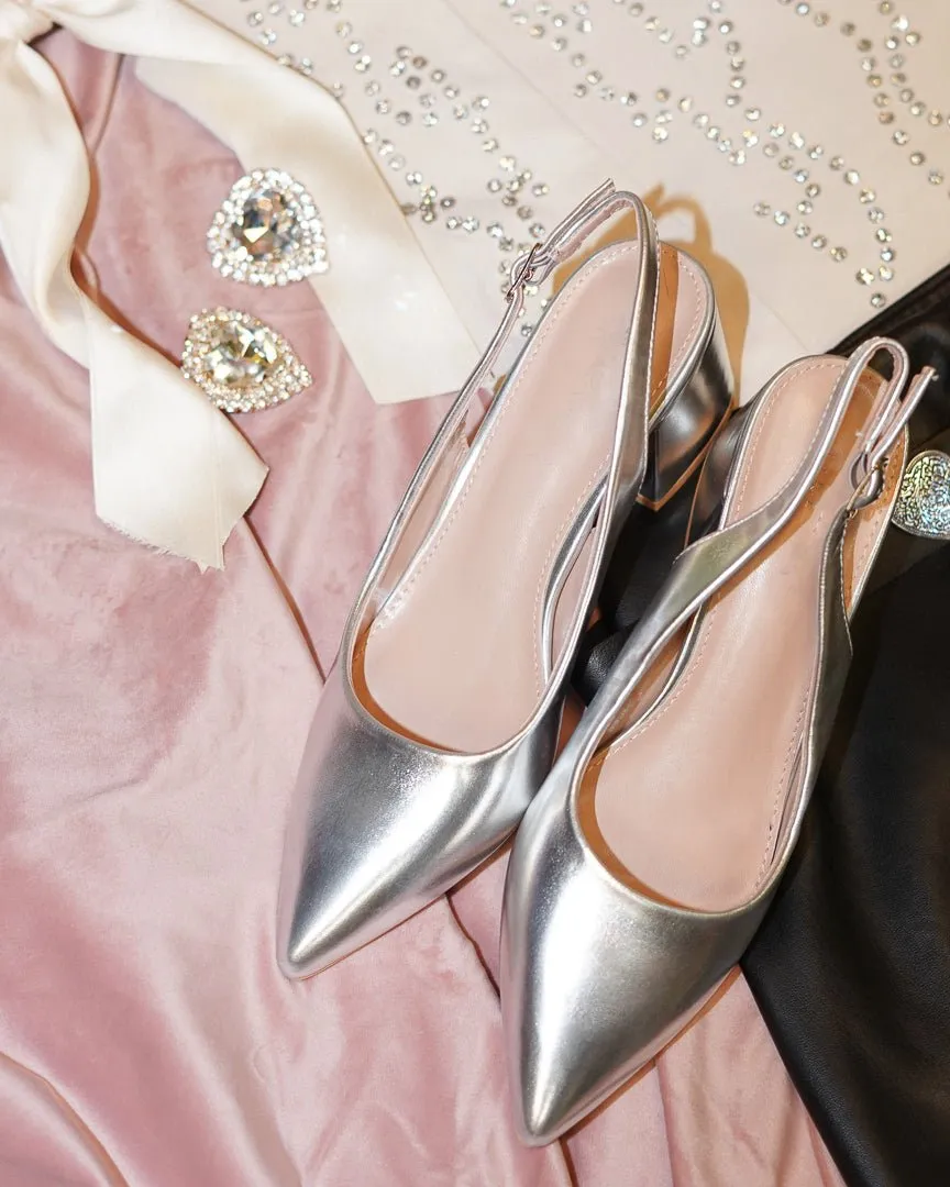 Metallic Silver Slingback Block Heels