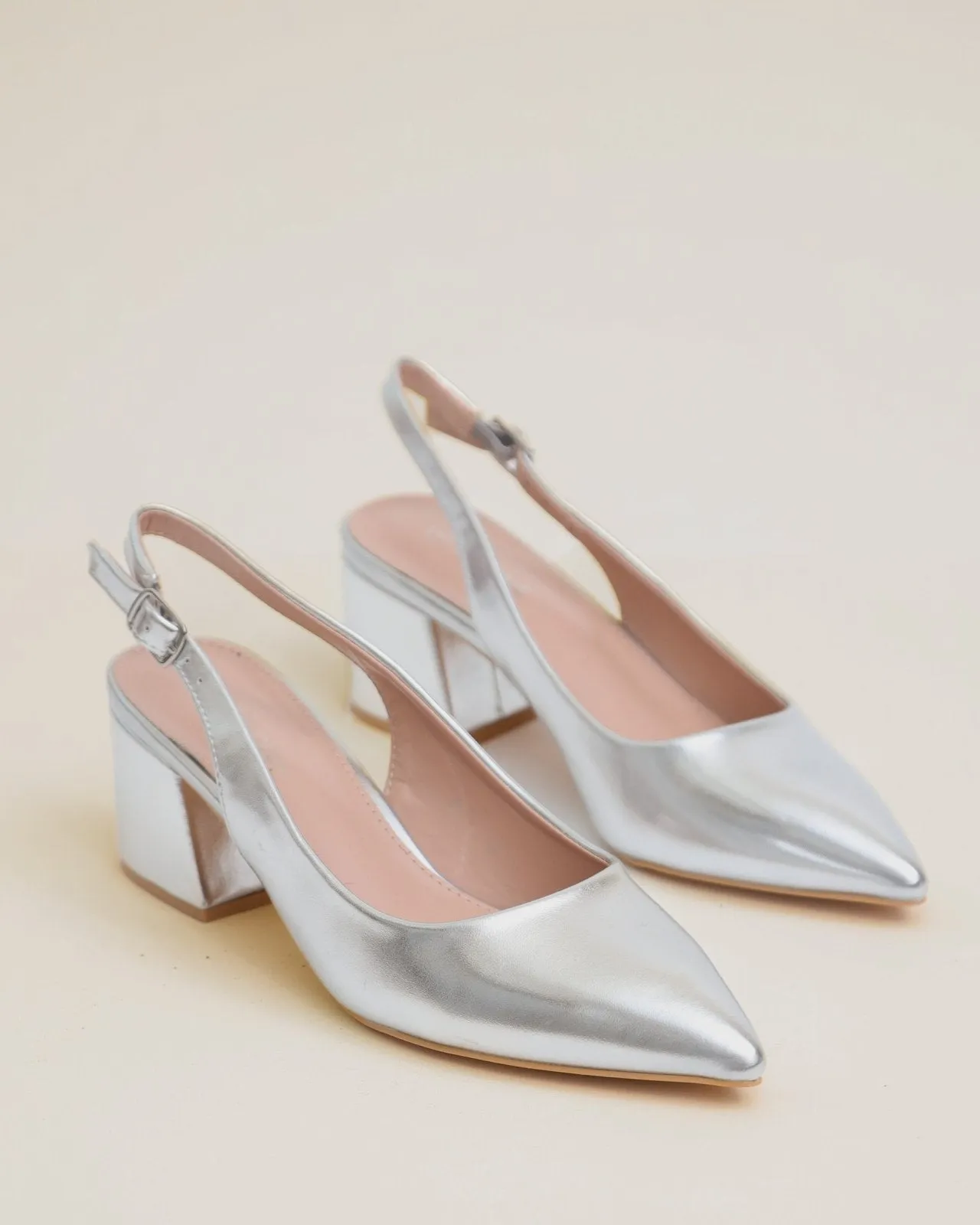 Metallic Silver Slingback Block Heels