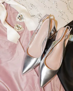 Metallic Silver Slingback Block Heels