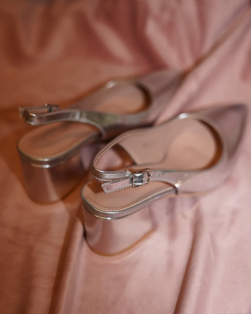 Metallic Silver Slingback Block Heels