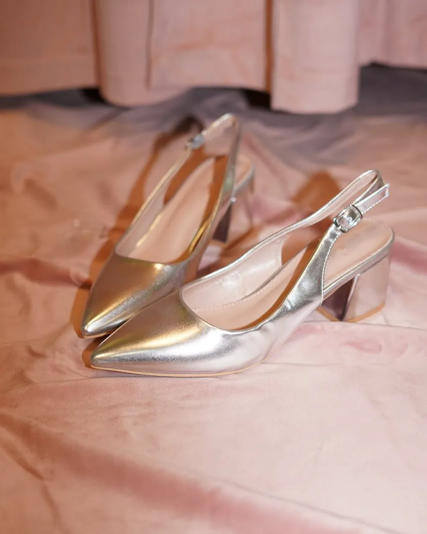 Metallic Silver Slingback Block Heels