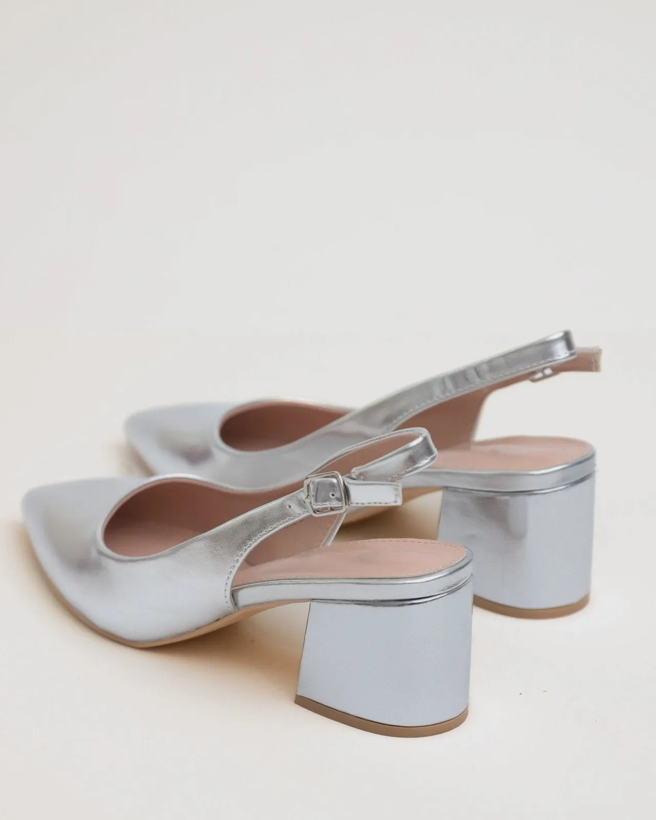 Metallic Silver Slingback Block Heels