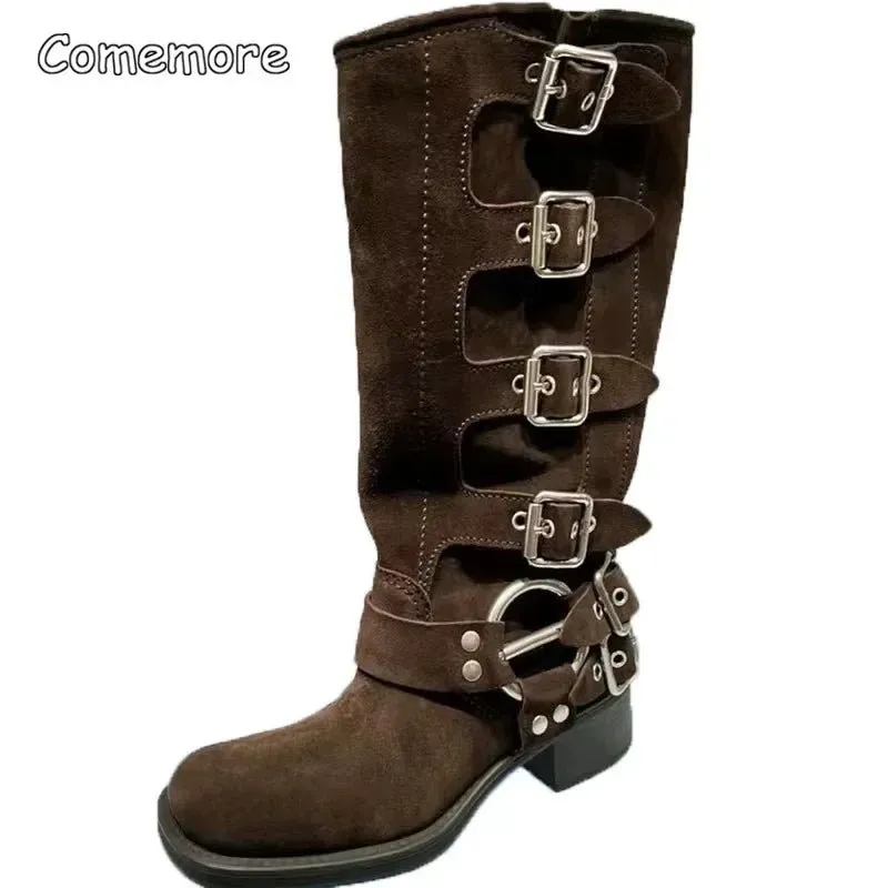 Mid-Calf High Knight Buckle Boots