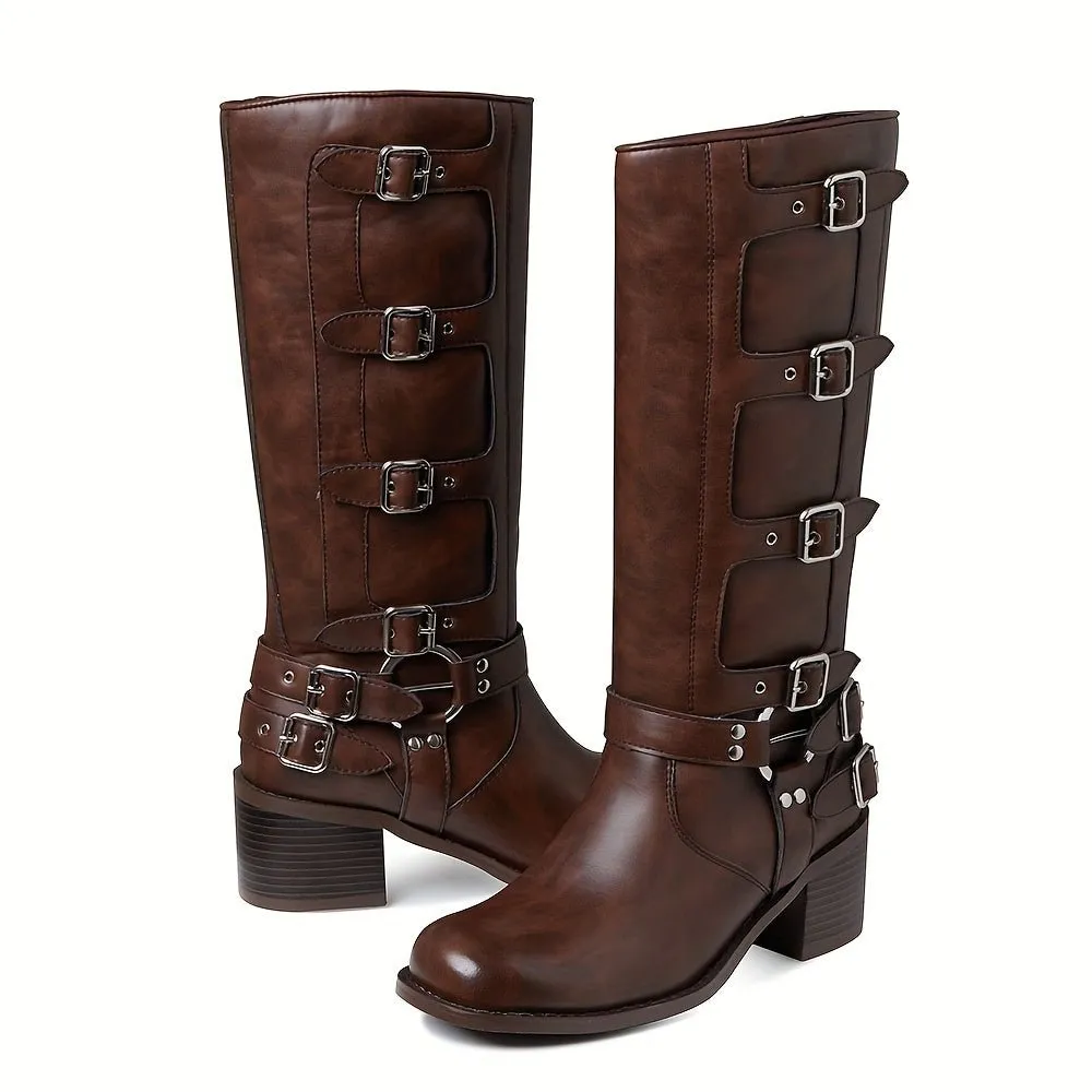 Mid-Calf High Knight Buckle Boots