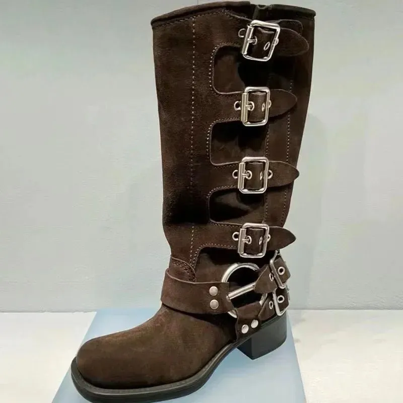 Mid-Calf High Knight Buckle Boots