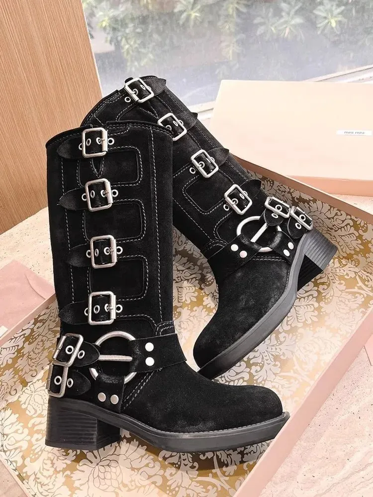 Mid-Calf High Knight Buckle Boots