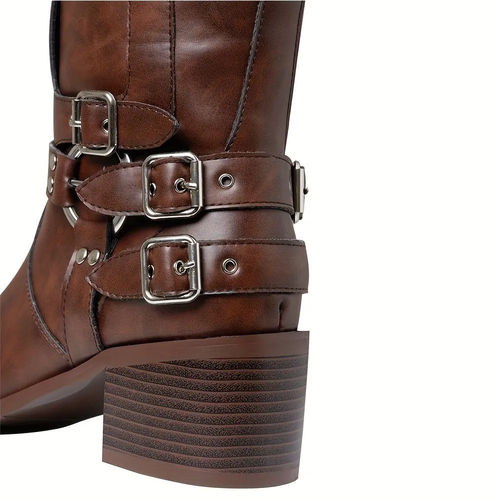 Mid-Calf High Knight Buckle Boots