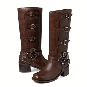 Mid-Calf High Knight Buckle Boots
