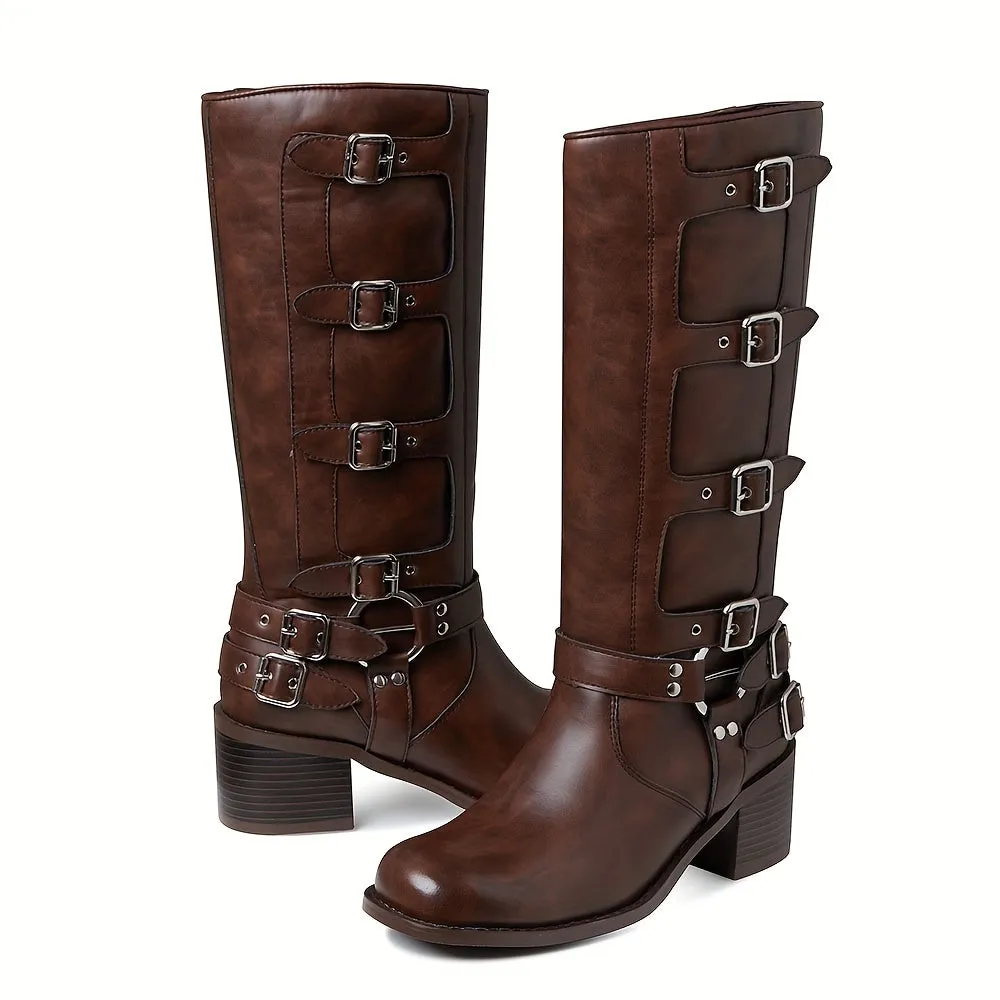 Mid-Calf High Knight Buckle Boots