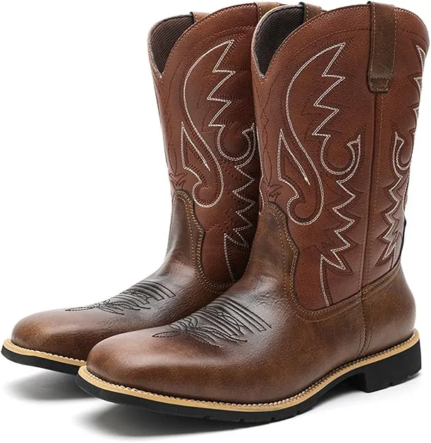 NEW Abborora Men's Western Cowboy Boots Men's Boots with Classic Embroidered, Slip on Square Toe Boots Country Boots Work Boots for Men, Brown, Men's Sz 38 (5), Retails $78