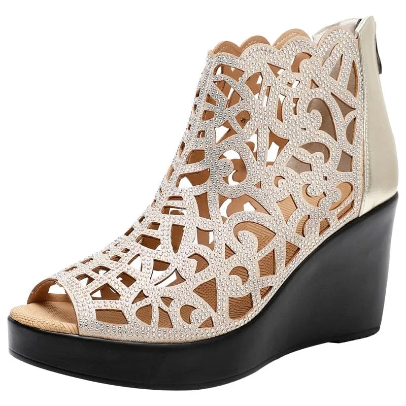 New Elegant Summer Fish Mouth Hollow Rhinestone Women High Heels