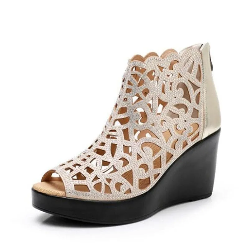 New Elegant Summer Fish Mouth Hollow Rhinestone Women High Heels