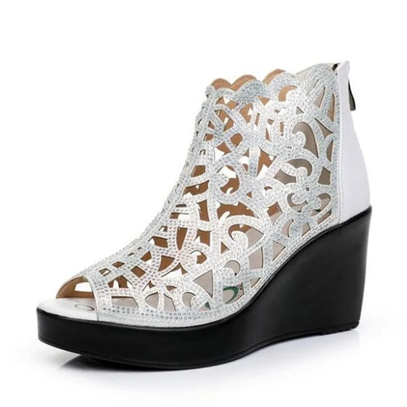New Elegant Summer Fish Mouth Hollow Rhinestone Women High Heels