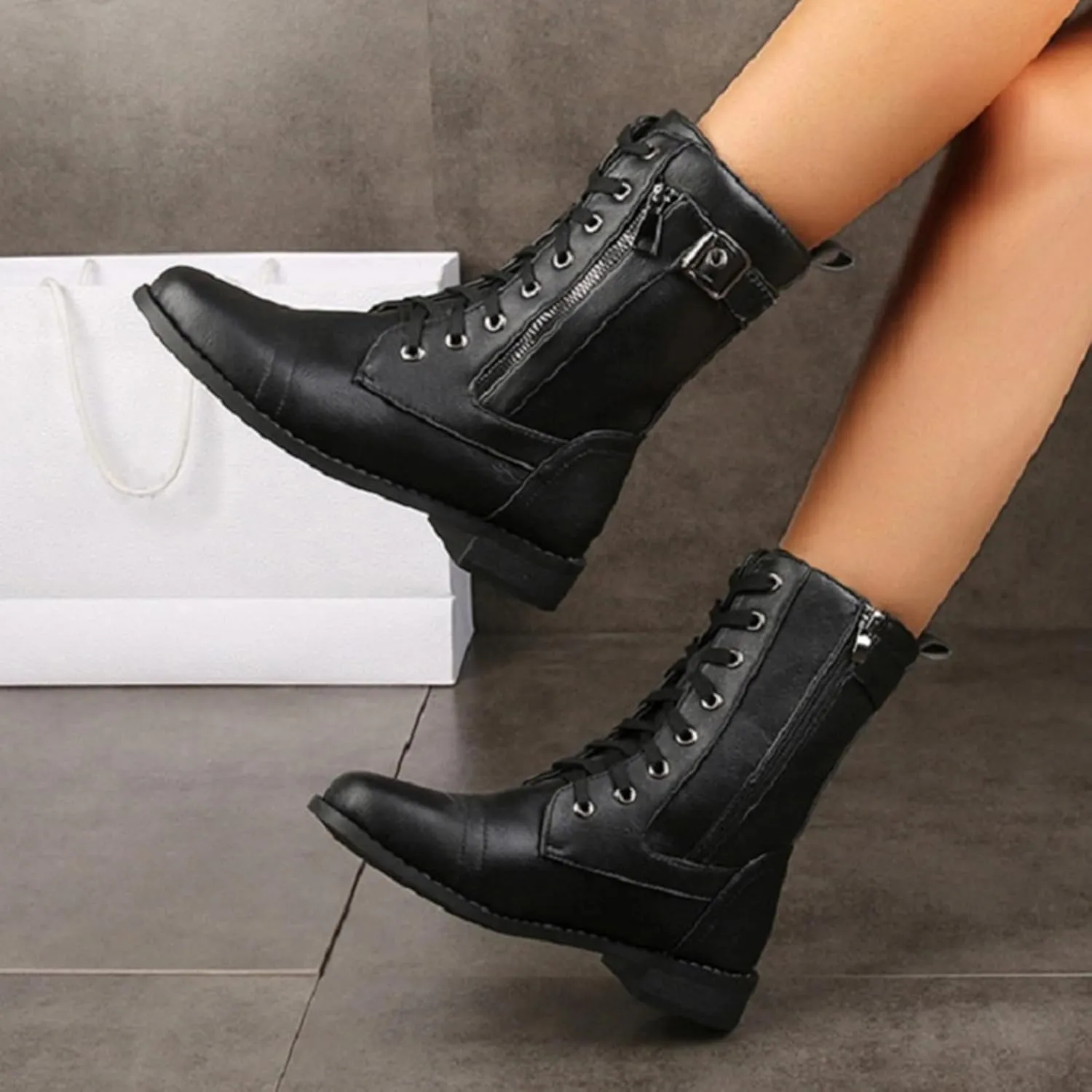 Platform Boots for Women Ankle Slip On Booties for Women Heeled Black Boots Non Slip Work Shoes Women Comfy Soft Cover Heel Lace-up Round Toe Comfortable Low Heel