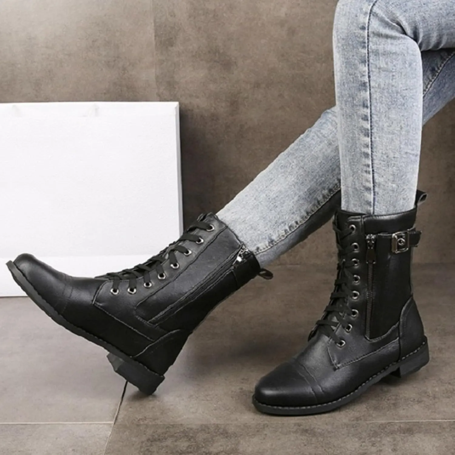 Platform Boots for Women Ankle Slip On Booties for Women Heeled Black Boots Non Slip Work Shoes Women Comfy Soft Cover Heel Lace-up Round Toe Comfortable Low Heel