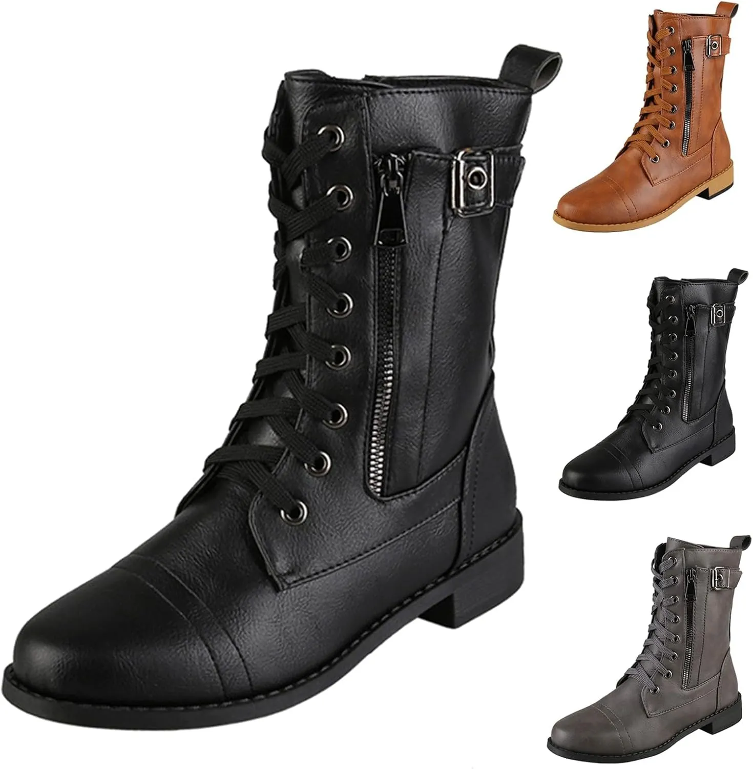 Platform Boots for Women Ankle Slip On Booties for Women Heeled Black Boots Non Slip Work Shoes Women Comfy Soft Cover Heel Lace-up Round Toe Comfortable Low Heel