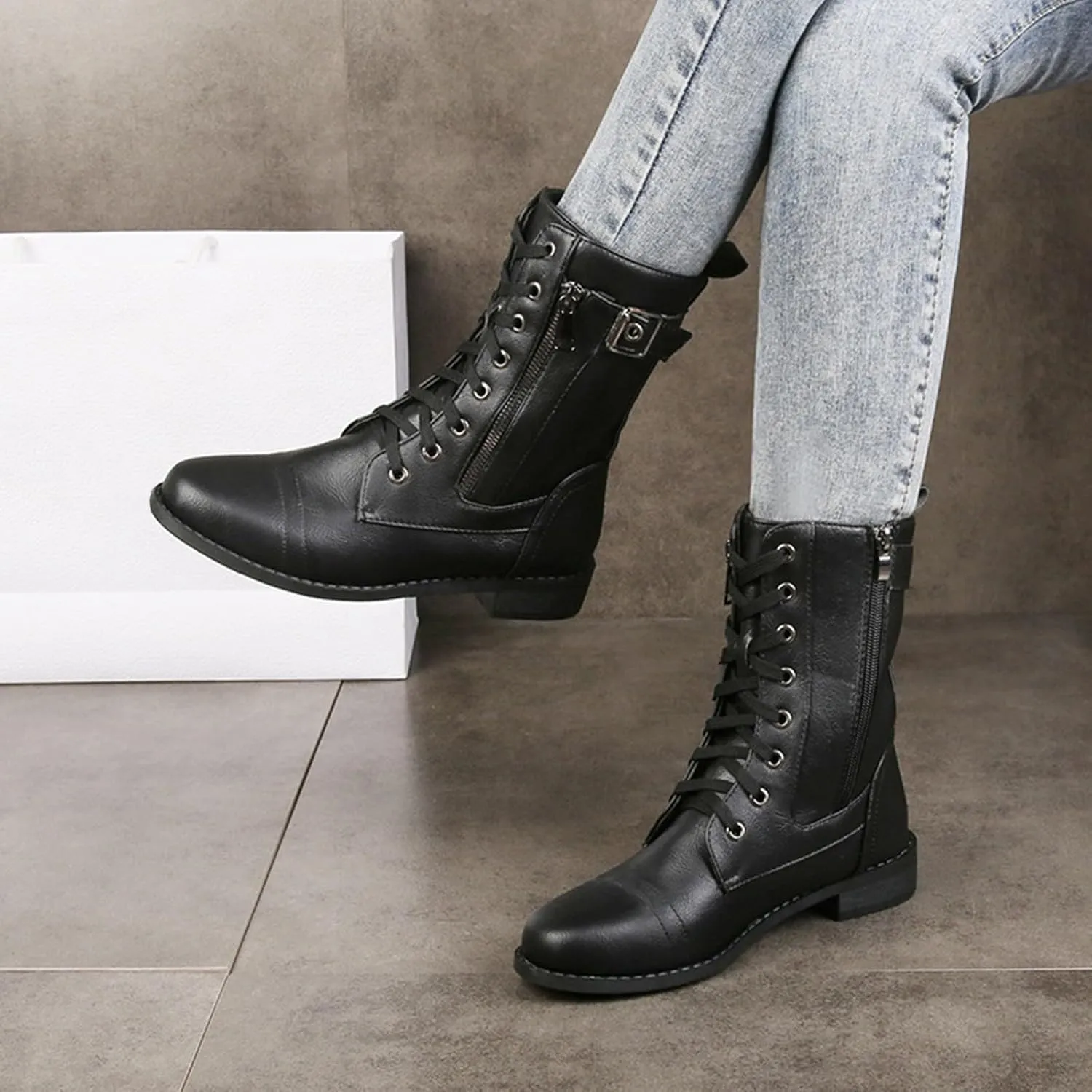 Platform Boots for Women Ankle Slip On Booties for Women Heeled Black Boots Non Slip Work Shoes Women Comfy Soft Cover Heel Lace-up Round Toe Comfortable Low Heel
