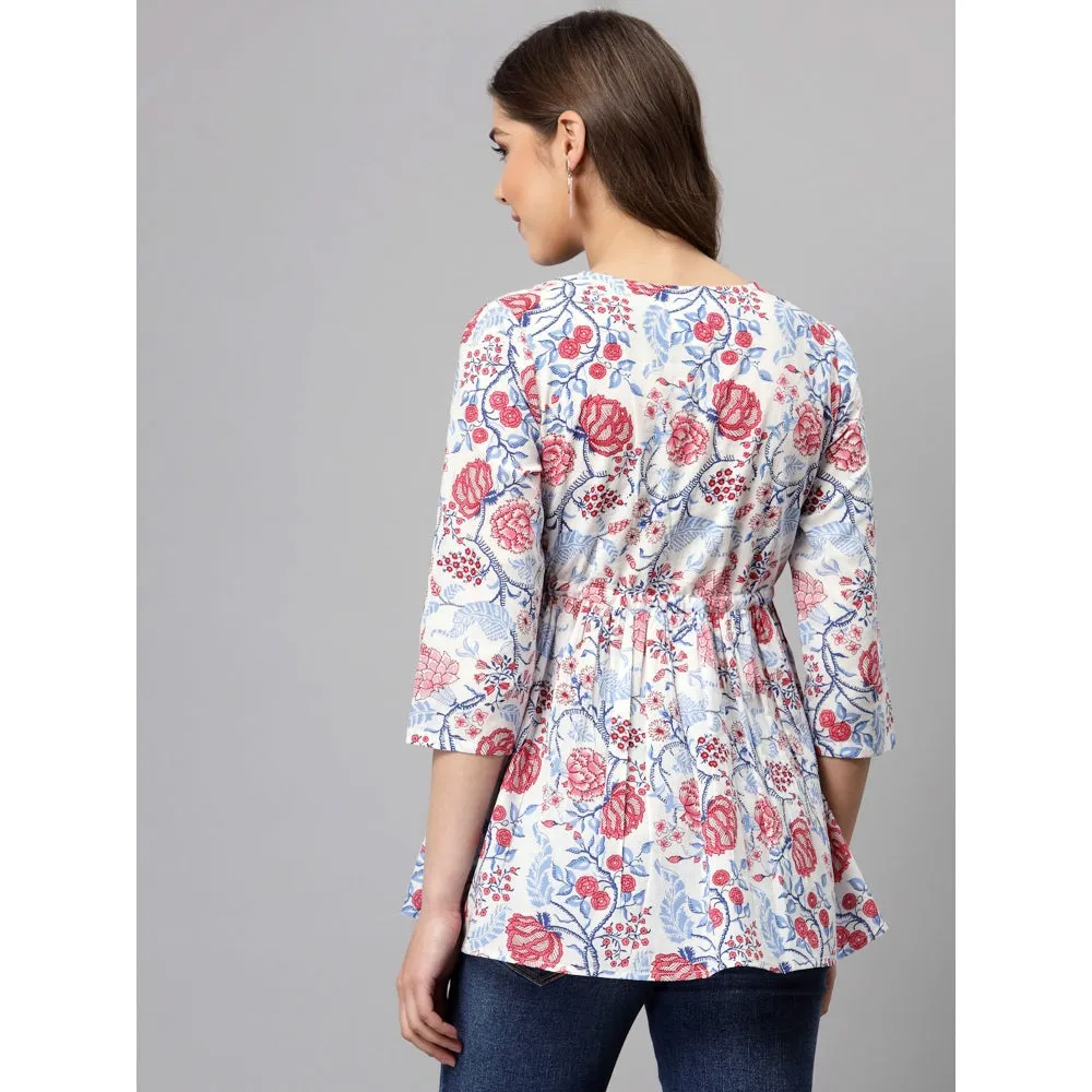 QOMN White and Red Printed Top