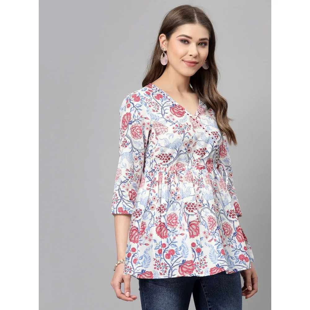 QOMN White and Red Printed Top