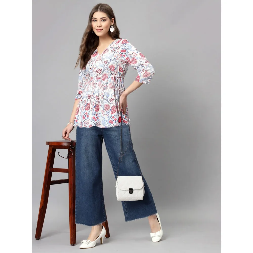 QOMN White and Red Printed Top