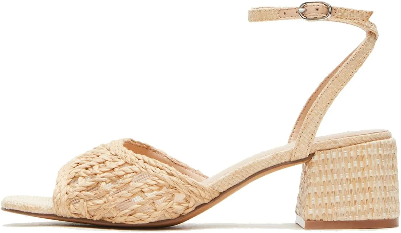 SOVANYOU Raffia Heeled Sanldas for Women Woven Strappy Heels Square Open Toe Block Chunky Heels Dress Shoes for Wedding